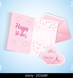 Cute valentines day set with pink and white envelope postcard with wish and valentines with loveconfession on light blue background flat vector illust Stock Vector