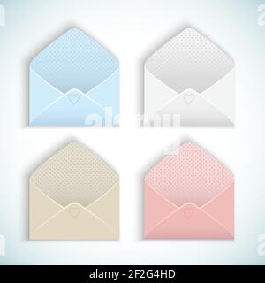 Cute design empty valentines day opened envelopes in pastel colors for postcards set isolated on white background with shadows flat vector illustratio Stock Vector