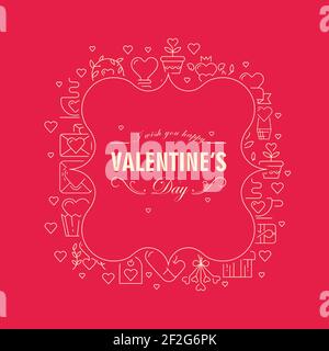Original red and white colored frame card with many small hearts, envelopes and others symbols on the red background vector illustration Stock Vector