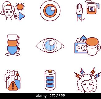 Energy drinks negative effects RGB color icons set Stock Vector