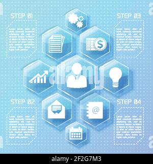 Business web design infographics with glass hexagons white icons and four options on blue background vector illustration Stock Vector