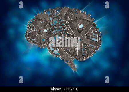 Human brain with metallic gears on shiny blue background Stock Photo