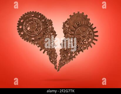 broken heart made with metallic gears on red background Stock Photo
