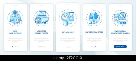 Digital eyestrain prevention tips onboarding app page screen with concepts Stock Vector