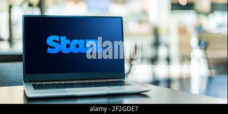 POZNAN, POL - FEB 6, 2021: Laptop computer displaying logo of Stan, an Australian subscription video streaming service Stock Photo