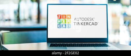 POZNAN, POL - FEB 6, 2021: Laptop computer displaying logo of Tinkercad, a free, online 3D modeling program that runs in a web browser Stock Photo