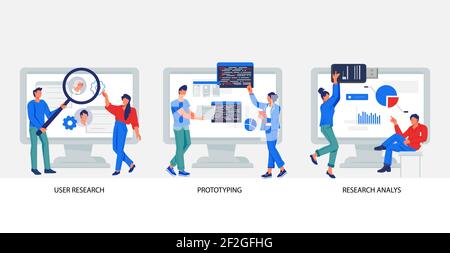 Software testing and user experience research banners set with developers characters. User experience, prototyping and web development, flat vector il Stock Vector