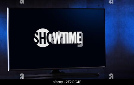 POZNAN, POL - FEB 6, 2021: Flat-screen TV set displaying logo of Showtime, an American premium television network that is owned by ViacomCBS Domestic Stock Photo