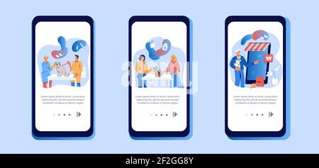 Onboarding pages set for veterinary services and pets care shop, flat vector illustration. Vet clinic, dogs grooming and online animal care products o Stock Vector