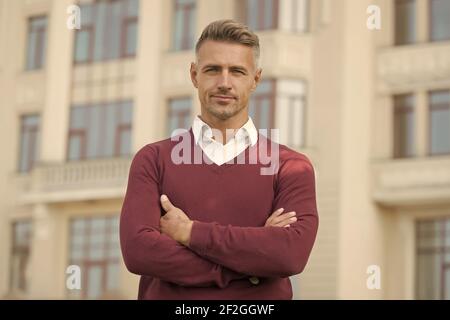 Suitable in current circumstances. Masculinity concept. Daily outfit. Man model clothes shop. Menswear and fashionable clothing. Man looks handsome in casual style. Confident manager. Handsome man. Stock Photo