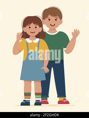 Beautiful sunny kids boy and girl with down syndrome. Cute vector illustration in flat style Stock Vector