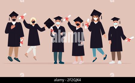 Group of happy young people, graduates in robes and protective masks in connection with the covid-19 pandemic. Social distancing. Vector illustration Stock Vector
