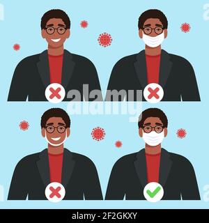 How to properly and correctly wear a mask. Coronavirus COVID-19 pandemic concept. Man in mask. Vector illustration in flat style Stock Vector