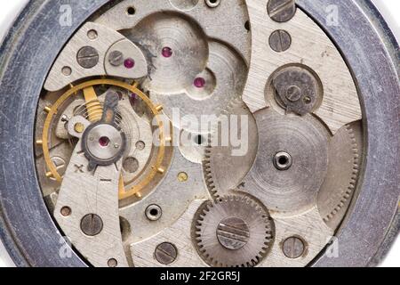 The clock mechanism in the macroscale. Old clock in close-up Stock Photo