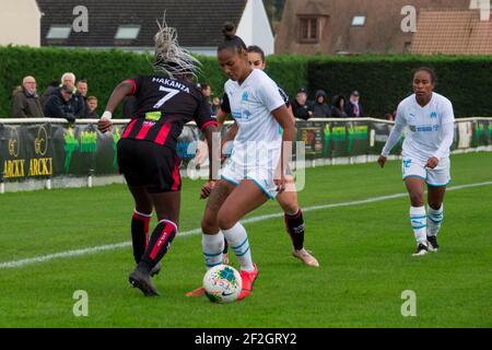 Marina Makanza of FC Fleury and Eva Sumo of Olympique de Marseille fight for the ball during the Women's French championship D1 Arkema football match between Fleury 91 FC and Olympique de Marseille on November 2, 2019 at Auguste Gentelet stadium in Fleury Merogis, France - Photo Antoine Massinon / A2M Sport Consulting / DPPI Stock Photo