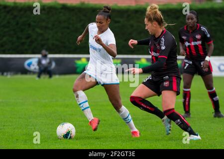 Eva Sumo of Olympique de Marseille and Marine Haupais of FC Fleury fight for the ball during the Women's French championship D1 Arkema football match between Fleury 91 FC and Olympique de Marseille on November 2, 2019 at Auguste Gentelet stadium in Fleury Merogis, France - Photo Antoine Massinon / A2M Sport Consulting / DPPI Stock Photo