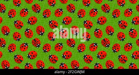 Spring Or Summer Seamless Pattern Background With Red Ladybugs On Green Leaf Vector Illustration Art Stock Vector