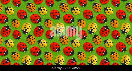 Colorful Flat Spring Or Summer Seamless Pattern Background With Ladybugs On Green Leaf Vector Illustration Art Stock Vector