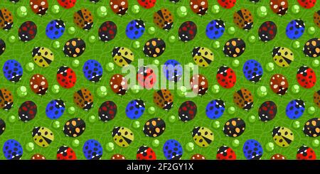 Colorful Spring Or Summer Seamless Pattern Background With Ladybugs And Water Drops On Green Leaf Vector Illustration Art Stock Vector