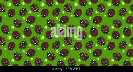 Spring Or Summer Seamless Pattern Background With Black Ladybugs And Water Drops On Green Leaf Vector Illustration Art Stock Vector