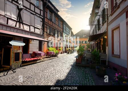 Cafes on street of Strasbourg in the morning, France Stock Photo