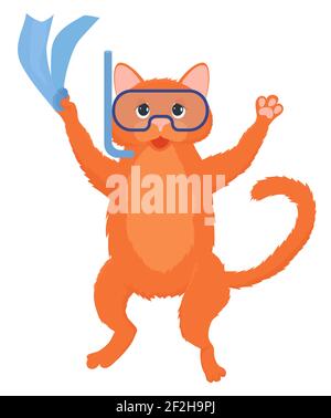 Ginger cat diver with flippers and mask cartoon mascot isolated on white. Vector illustration of animal at vacation. Stock Vector