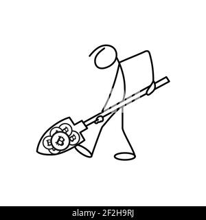 Cartoon icon of sketch stick figure vector business man with bitcoins Stock Vector