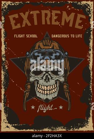 Poster design with illustration of skull in airplane helmet on dirty background. Stock Vector