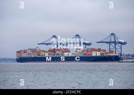 Container ship MSC Laurence docked at the Port of Felixstowe, Suffolk, UK. Stock Photo