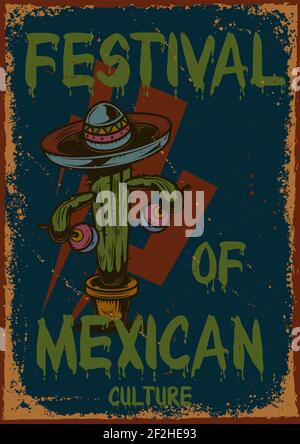 Poster design with illustration of a cactus with maracas on dusty background. Stock Vector