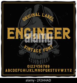 Vintage label typeface named "Engineer" with illustration of crane on background. Good handcrafted font for any label design. Stock Vector