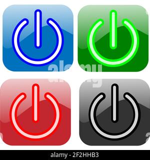 Set of digital glowing power button in blue, green, red, black colors for computer and technology use Stock Vector