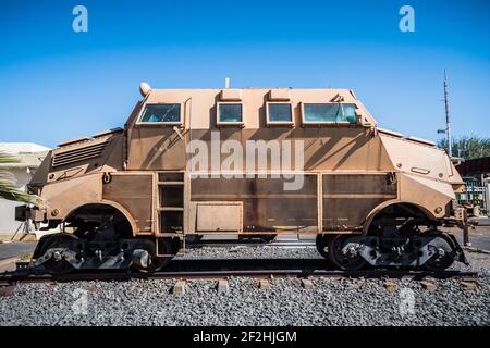 Windhoek, Namibia - July 22 2020: Padda Kobus Armoured Trak Inspection Vehicle or Lokomotive for the South African Railways Police at the TransNamib R Stock Photo