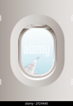 Vector realistic aircraft windows with curtains in different positions. Mockup for your design. Stock Vector