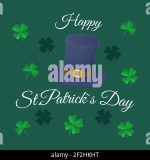 St.Patrick s Day greeting card. Traditional Leprechaun hat with clovers, shamrock on green background. Stock vector illustration in cartoon realistic Stock Vector