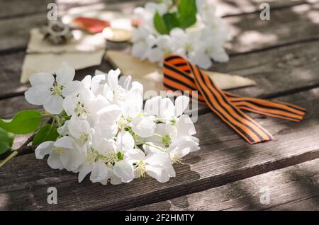 Victory Day card - St. George ribbon and apple-tree flowers on an old wooden background Stock Photo