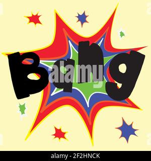Bang comic star onomatopoeia in orange blue and green. Big black letters Stock Vector