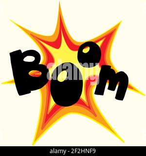 Boom comic star onomatopoeia in orange red and yellow. Big black letters Stock Vector