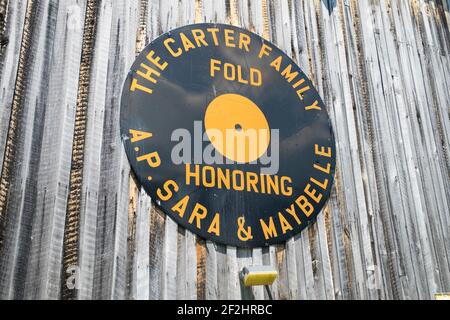 The record album sign for the Carter Family Fold, an entertainment site for country music. In Maces Spring, Hiltons, Virginia. Stock Photo