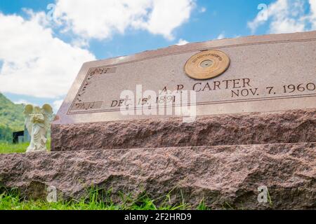 Gravestone marker for country music legend A.P. Carter of the Carter family. At Mt Vernon Methodist cemetery in Maces Spring, Hiltons, Virginia. Stock Photo