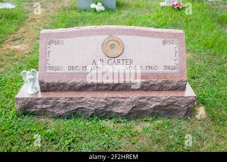 Gravestone marker for country music legend A.P. Carter of the Carter family. At Mt Vernon Methodist cemetery in Maces Spring, Hiltons, Virginia. Stock Photo