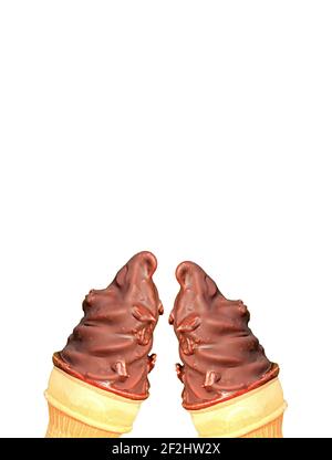 Vertical Image of Two Chocolate Coating Soft Serve Ice Cream Cones Clinking on White Background Stock Photo