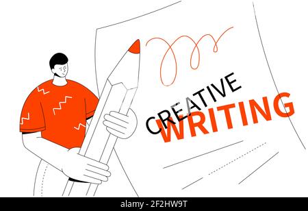 Creative writing - modern colorful line design style web banner with copy space for text. Creativity at work, inspiration idea. A composition with a b Stock Vector