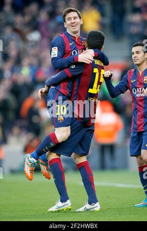 Marc Bartra and Leo Messi of Barcelona celebrating goal during the