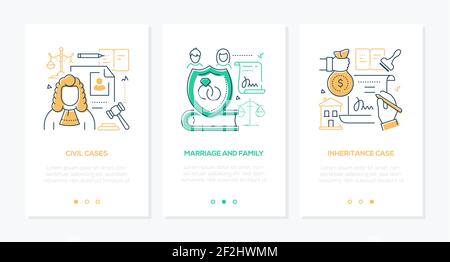 Legal services - modern line design style web banners with copy space for text. Civil cases, marriage and family law, inheritance illustrations. Image Stock Vector