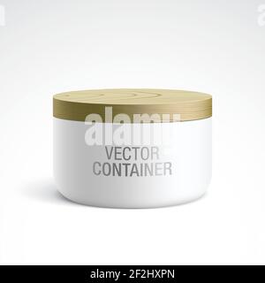 White container covered with a wooden lid. Realistic vector mockup of the small size round ceramic or plastic jar, for cosmetics design, standing on a light gradient background. Stock Vector