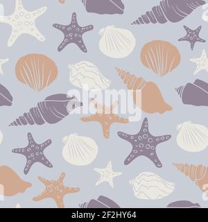 Vector seamless pattern with seashells and starfish on a neutral background. Design with starfish and shells. Stock Vector