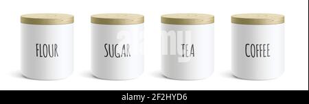 Vector set of white modern style ceramic containers, with flour, sugar, tea, and coffee text on it. Kitchen canisters covered with a wooden lid, standing isolated on a white background. Stock Vector