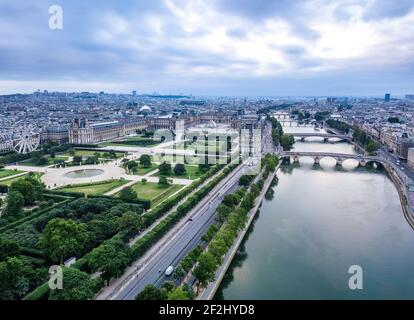 Aerial tuileries garden and Palais des Tuileries on the banks of seine (UNESCO WORLD HERITAGE), Paris Stock Photo