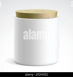 White container covered with a wooden lid. Vector illustration of the round ceramic canister for tea, coffee, sugar, flour, or different staff keeping, standing on a light gradient background. Stock Vector
